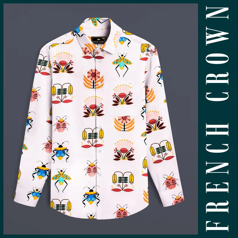 Mercury Cream And Sepia Brown Bugs And Flowers Printed Super Soft Premium Cotton Shirt 1