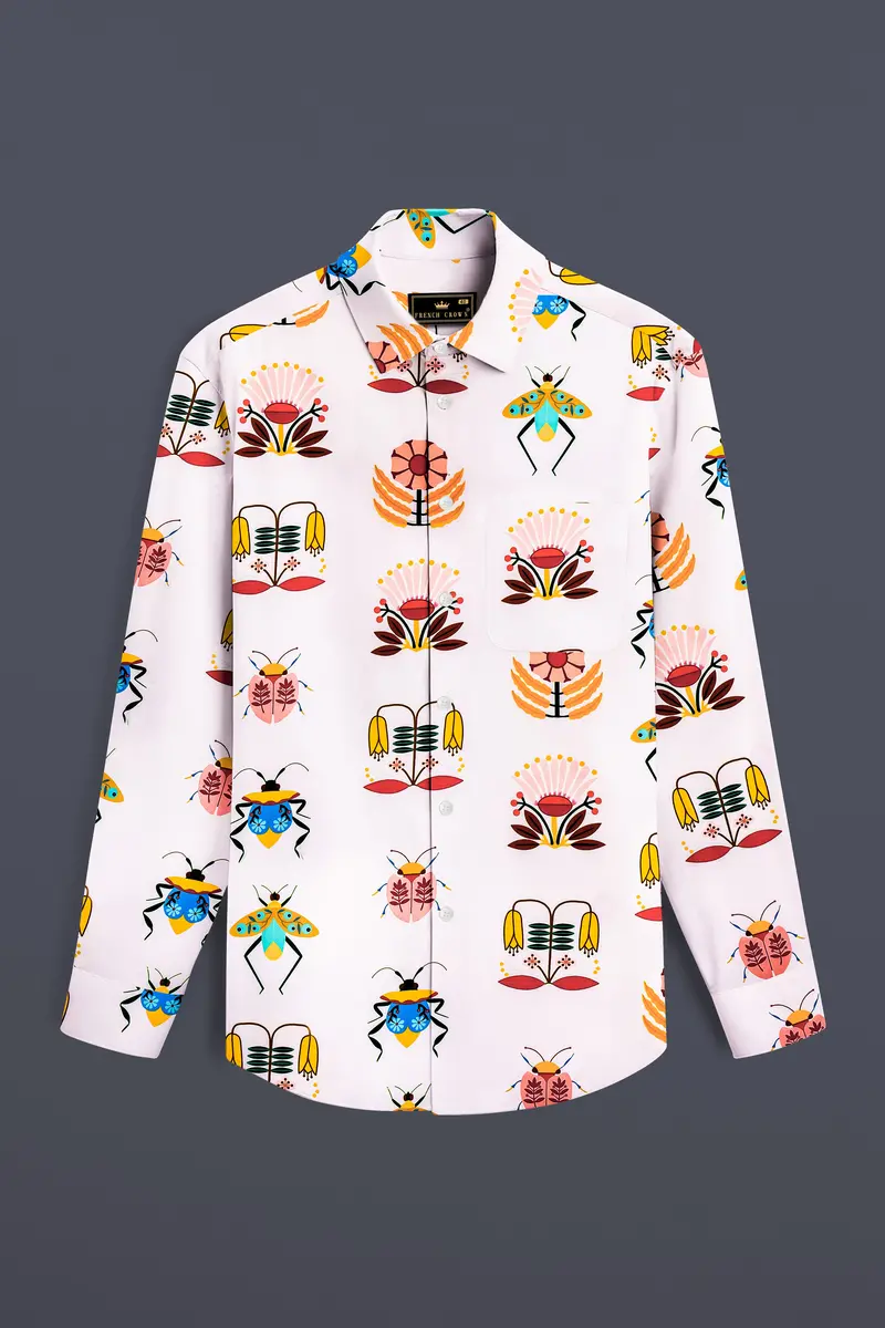 Mercury Cream And Sepia Brown Bugs And Flowers Printed Super Soft Premium Cotton Shirt 2