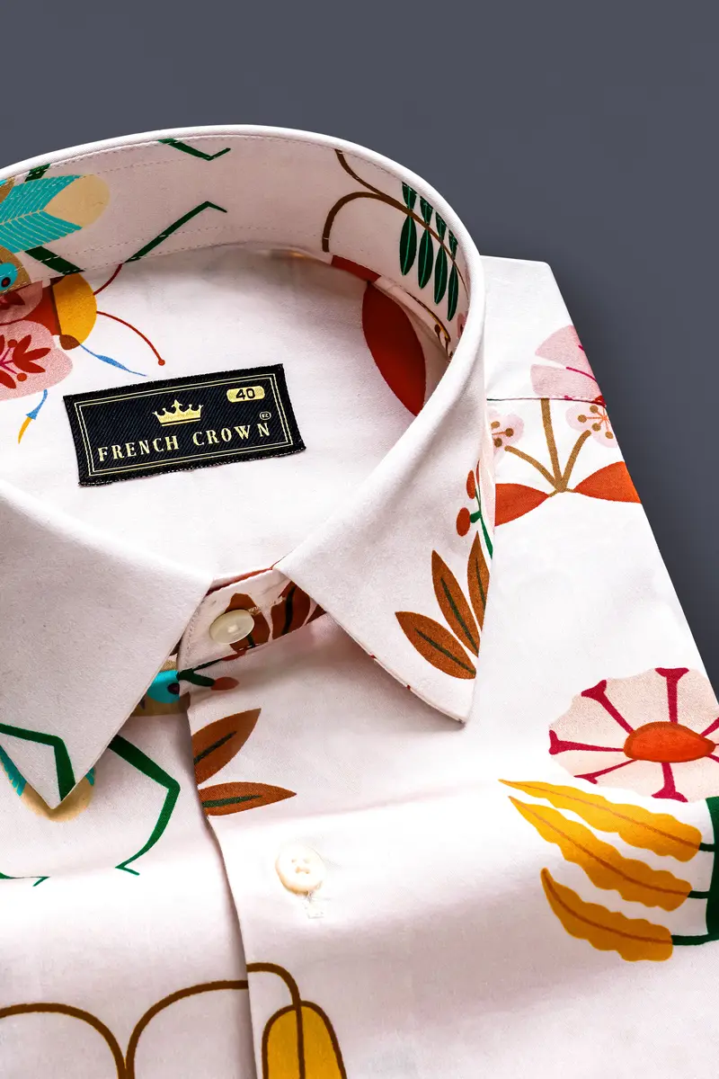Mercury Cream And Sepia Brown Bugs And Flowers Printed Super Soft Premium Cotton Shirt 4