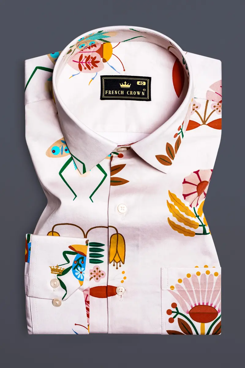 Mercury Cream And Sepia Brown Bugs And Flowers Printed Super Soft Premium Cotton Shirt 5