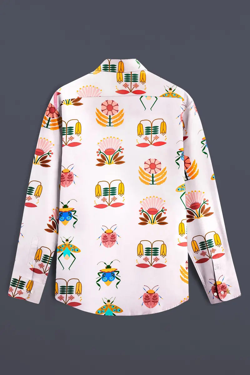 Mercury Cream And Sepia Brown Bugs And Flowers Printed Super Soft Premium Cotton Shirt 6