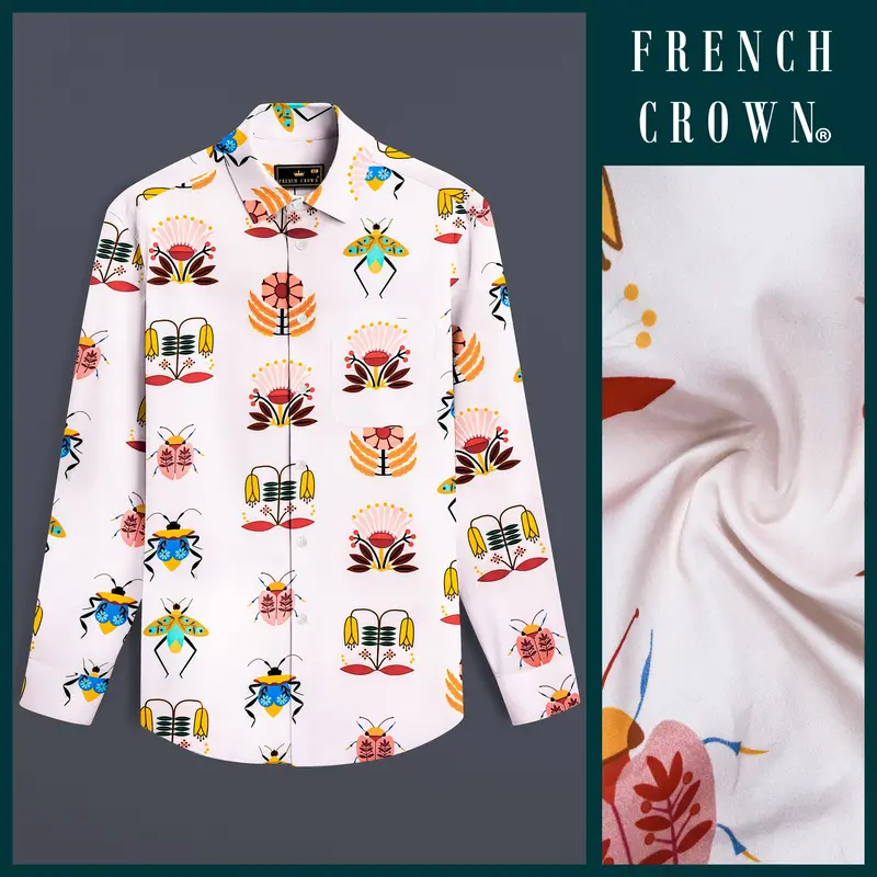 Mercury Cream And Sepia Brown Bugs And Flowers Printed Super Soft Premium Cotton Shirt 9