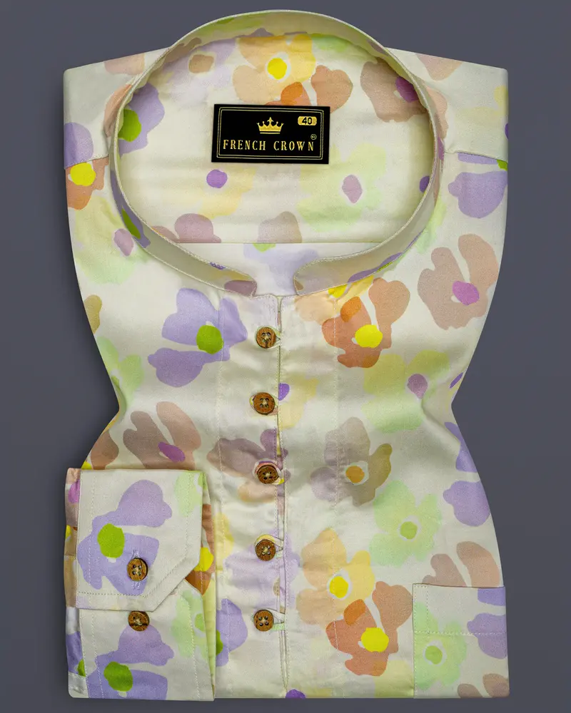 Mercury Cream Multicolour Floral Printed Super Soft Premium Cotton Kurta Shirt 1