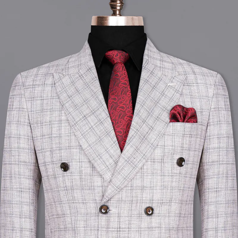 Mercury Grey Plaid Double Breasted Premium Cotton Blazer 1