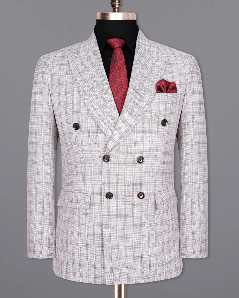 Mercury Grey Plaid Double Breasted Premium Cotton Blazer 7