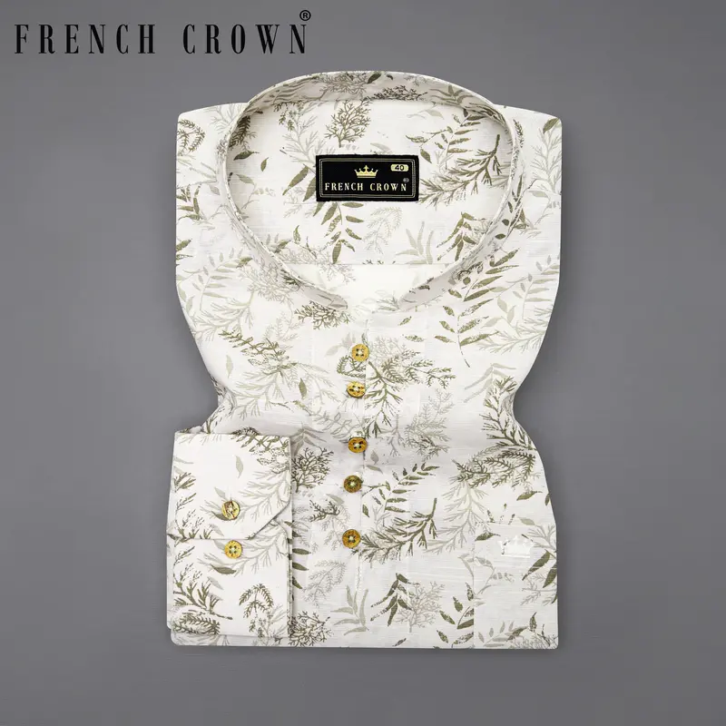 Mercury White With Leaves Printed Luxurious Linen Shirt 1