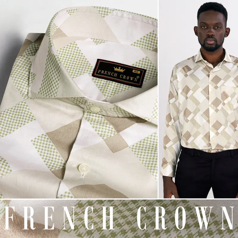 Merino Beige With Bronco Brown And Pavlova Green Printed Super Soft Premium Cotton Shirt 4
