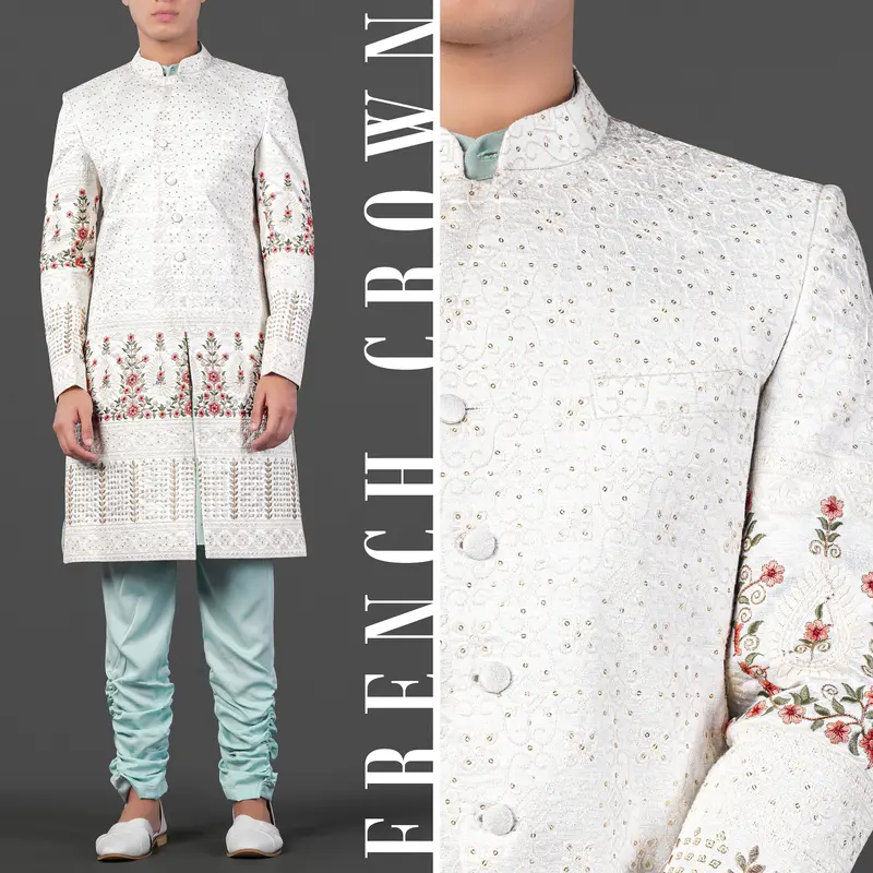 Merino Cream And Apricot Peach Multicolour Thread And Sequin Embroidered Indo-Western Sherwani 1