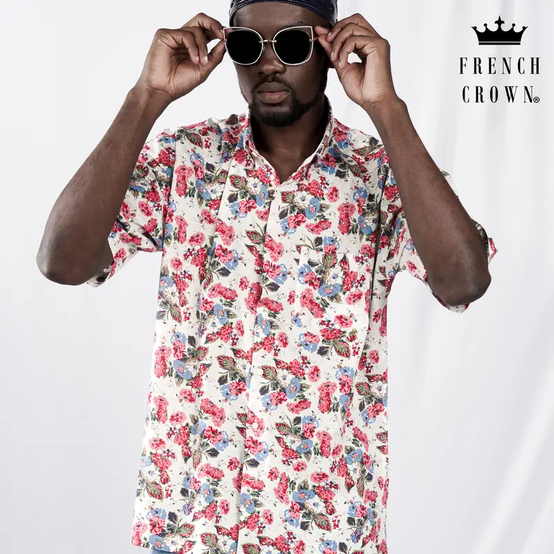 Merino Cream And Cardinal Red Floral Printed Lightweight Premium Cotton Oversized Shirt 1