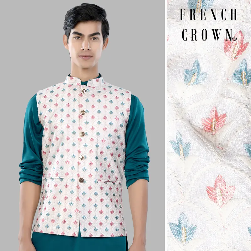 Merino Cream And Celeste Blue Leaves Thread Embroidered Designer Nehru Jacket 1