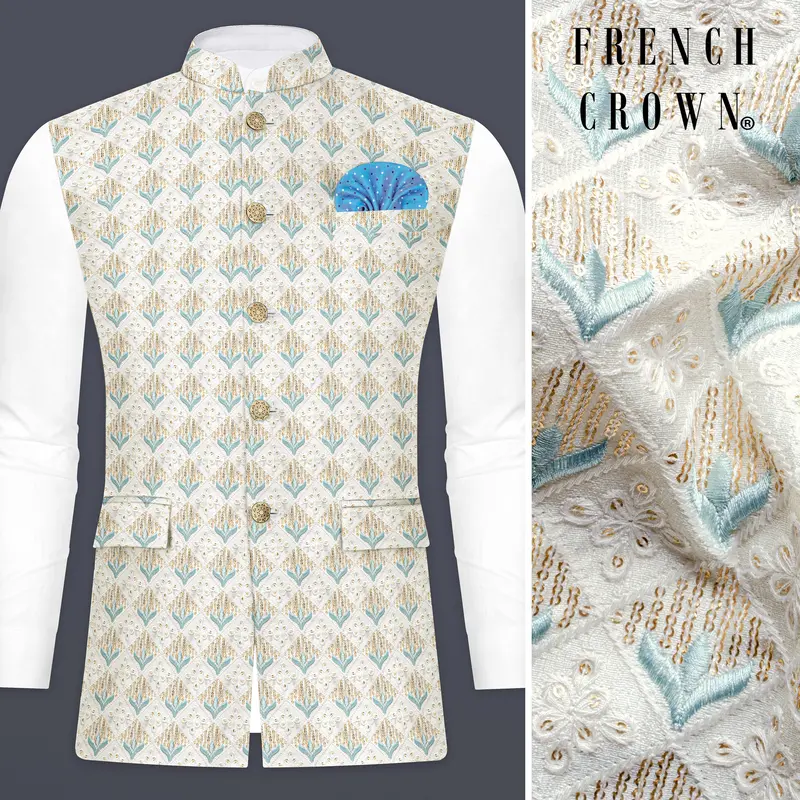 Merino Cream And Gothic Blue Sequin Designer Thread Embroidered Nehru Jacket 1