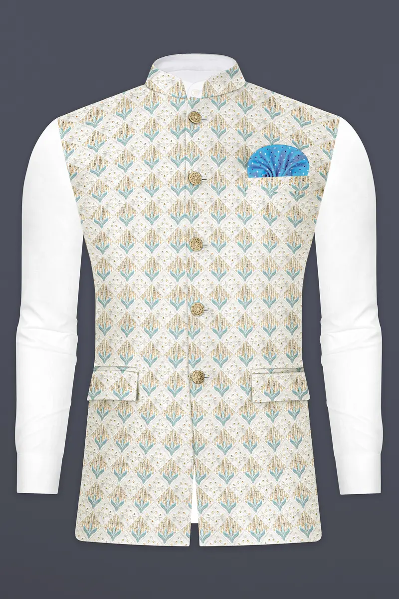 Merino Cream And Gothic Blue Sequin Designer Thread Embroidered Nehru Jacket 2