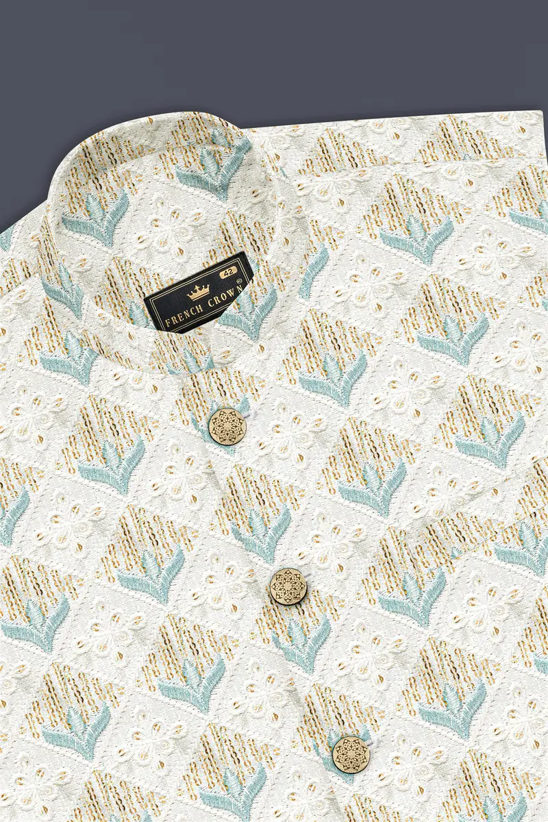 Merino Cream And Gothic Blue Sequin Designer Thread Embroidered Nehru Jacket 4