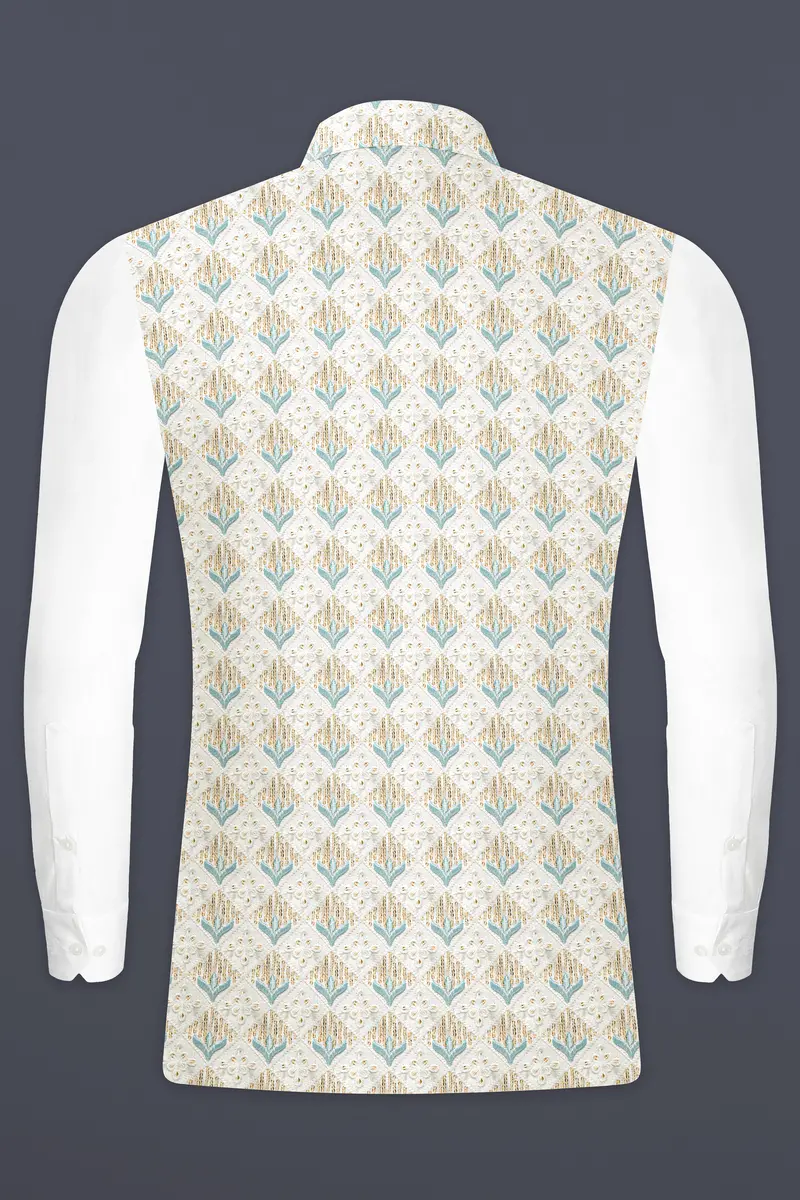 Merino Cream And Gothic Blue Sequin Designer Thread Embroidered Nehru Jacket 5