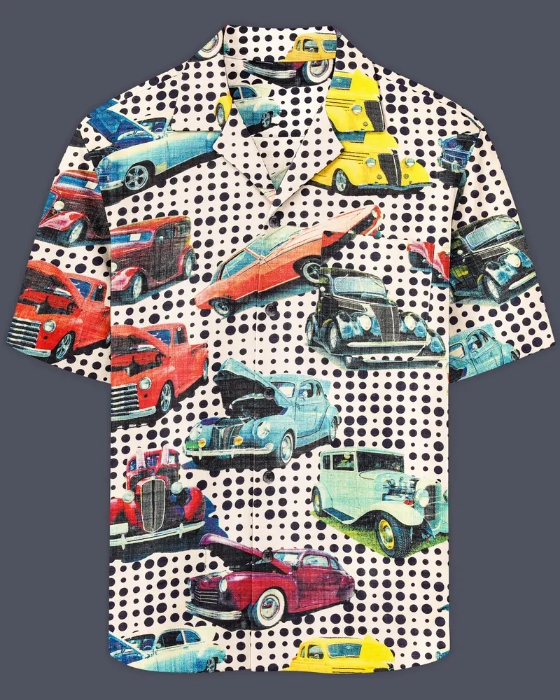 Merino Cream And Grapefruit Red Funky Printed Lightweight Oversized Premium Cotton Shirt 1