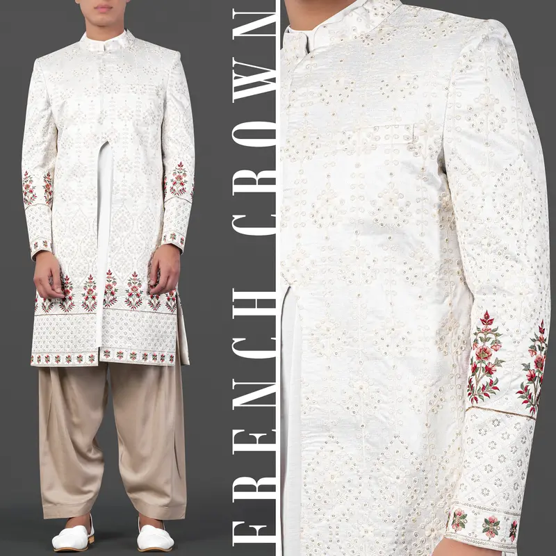 Merino Cream And Merlot Red Multicolour Thread And Sequin Embroidered Indo-Western Sherwani 1