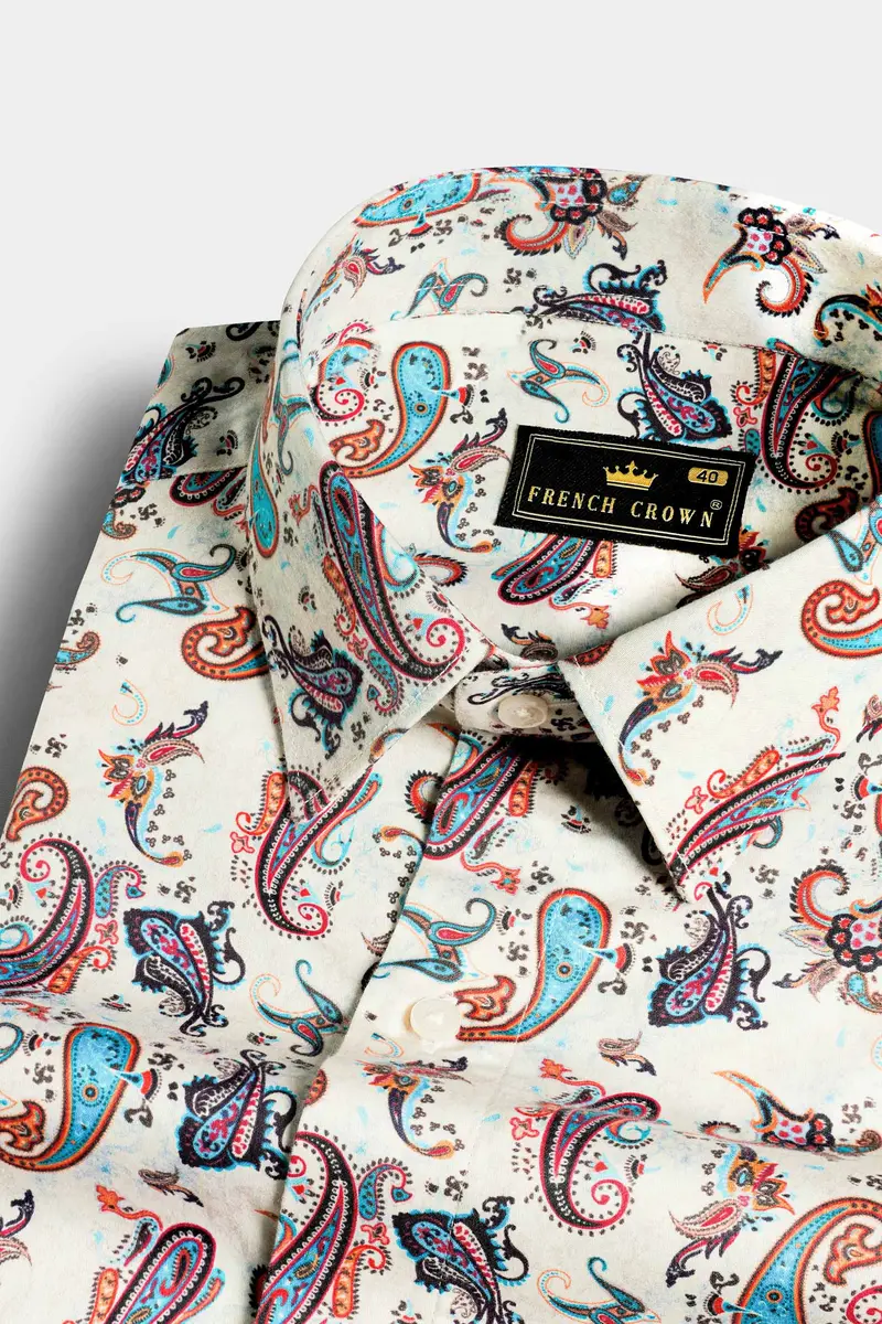 Merino Cream And Multicolour Paisley Printed Subtle Sheen Super Soft Premium Cotton Shirt 1