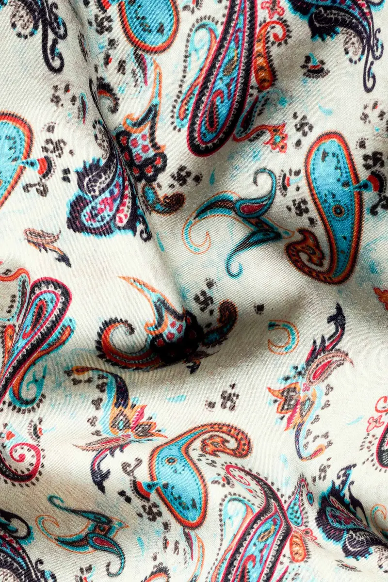 Merino Cream And Multicolour Paisley Printed Subtle Sheen Super Soft Premium Cotton Shirt 2