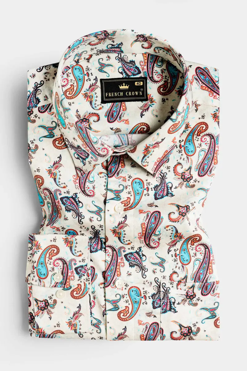 Merino Cream And Multicolour Paisley Printed Subtle Sheen Super Soft Premium Cotton Shirt 3