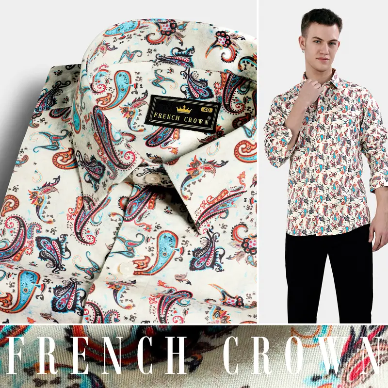 Merino Cream And Multicolour Paisley Printed Subtle Sheen Super Soft Premium Cotton Shirt 4