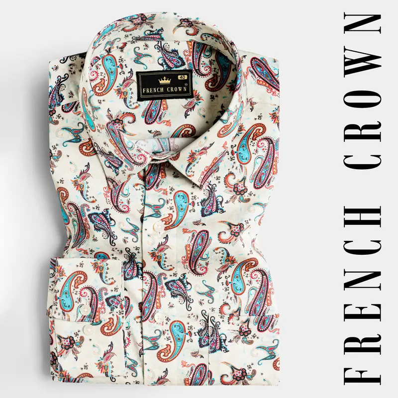 Merino Cream And Multicolour Paisley Printed Subtle Sheen Super Soft Premium Cotton Shirt 7