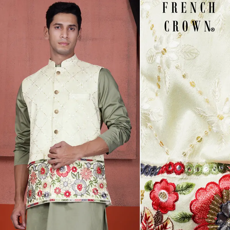 Merino Cream And Terra Pink Floral Cotton Thread Embroidered Designer Nehru Jacket 1