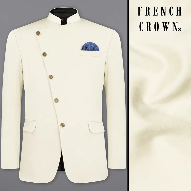 Merino Cream Cross Placket Bandhgala Premium Cotton Stretchable Traveler Blazer 1