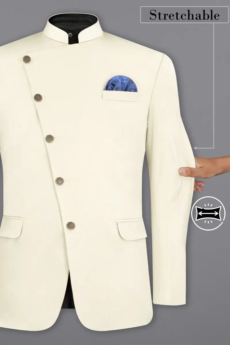 Merino Cream Cross Placket Bandhgala Premium Cotton Stretchable Traveler Blazer 2