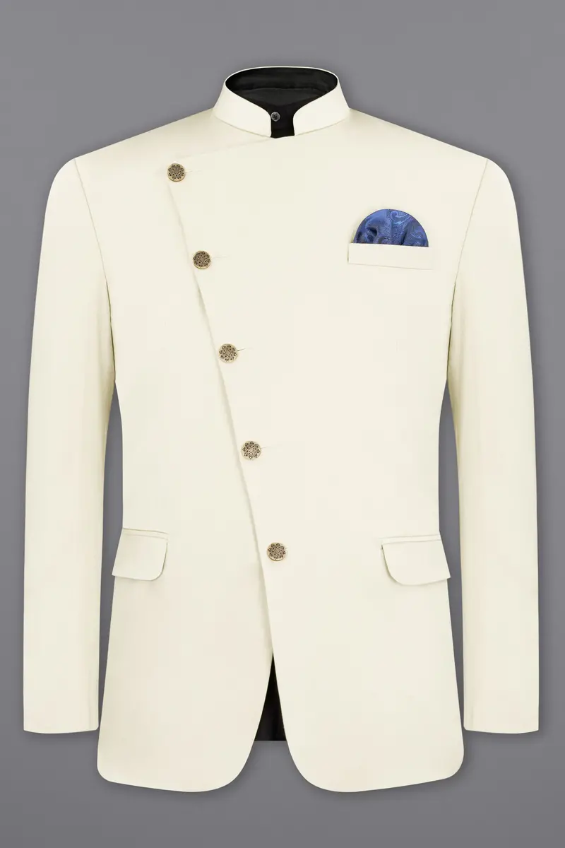 Merino Cream Cross Placket Bandhgala Premium Cotton Stretchable Traveler Blazer 7