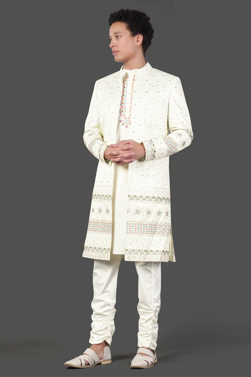 Merino Cream Multicolour Thread And Sequin Embroidered Indo-Western Sherwani 1