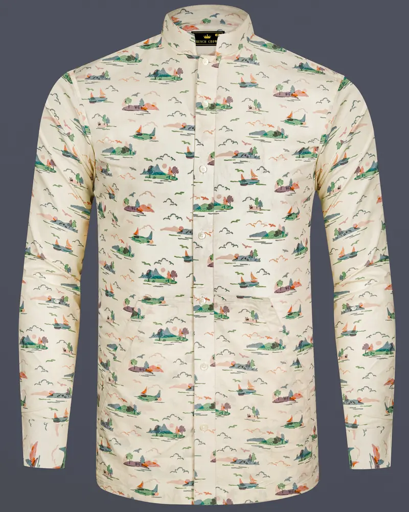 Merino Cream Printed Premium Cotton Designer Shirt 1