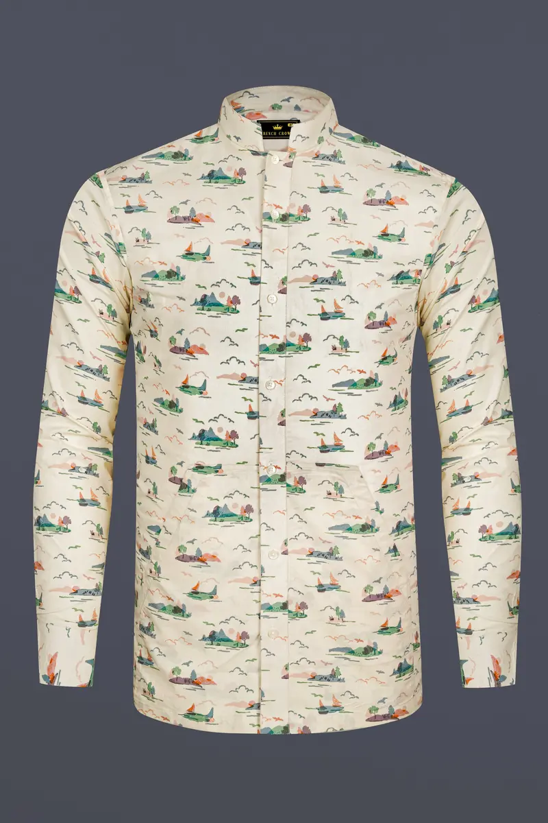 Merino Cream Printed Premium Cotton Designer Shirt 2