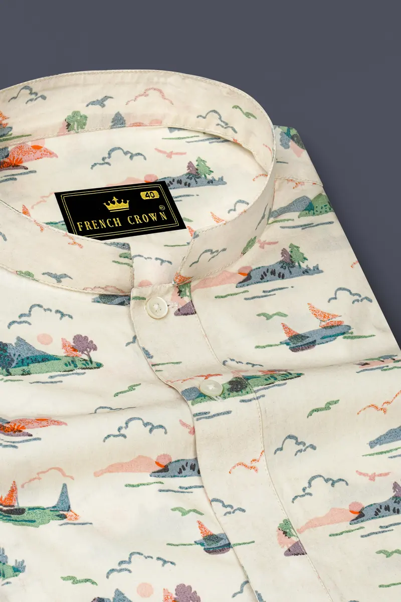 Merino Cream Printed Premium Cotton Designer Shirt 4