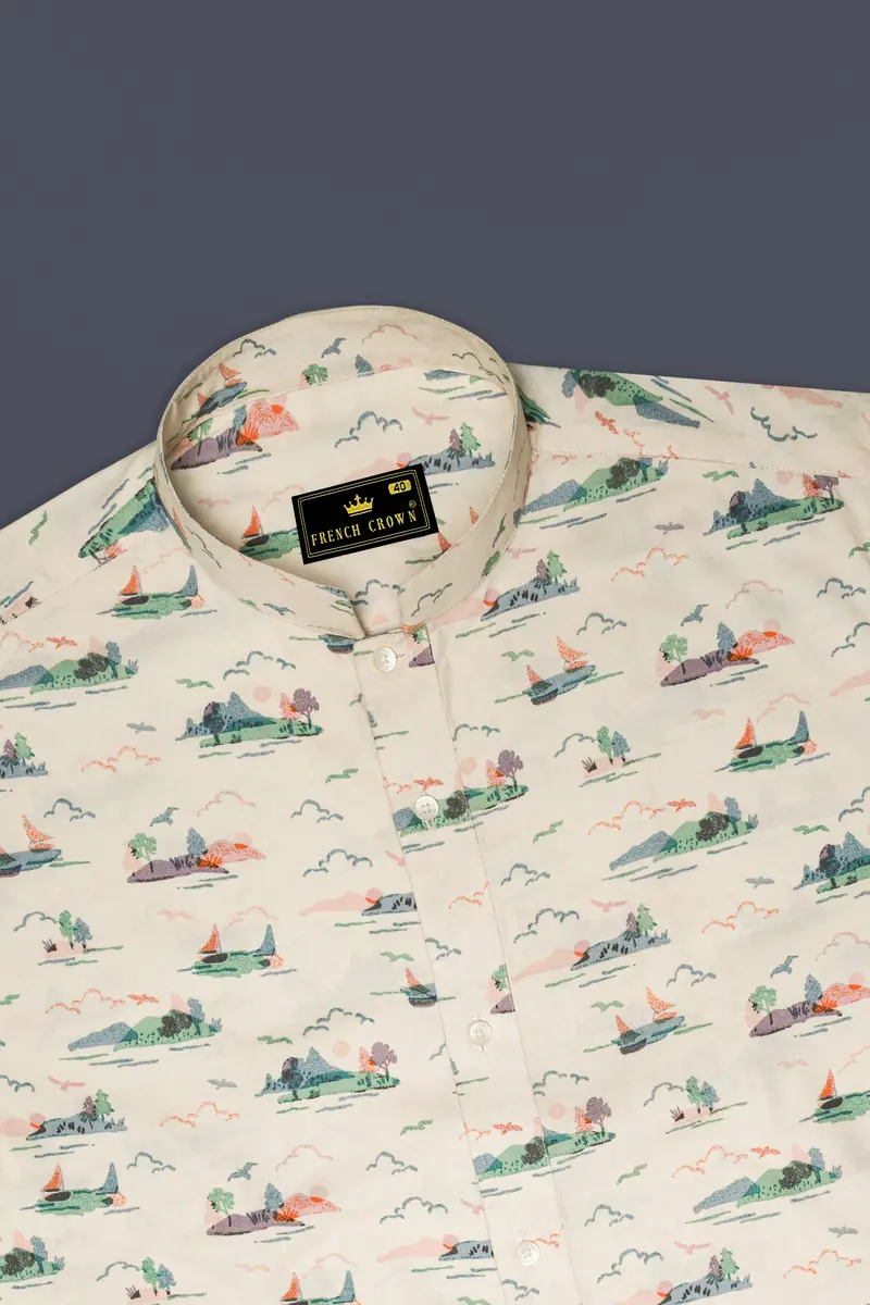 Merino Cream Printed Premium Cotton Designer Shirt 5