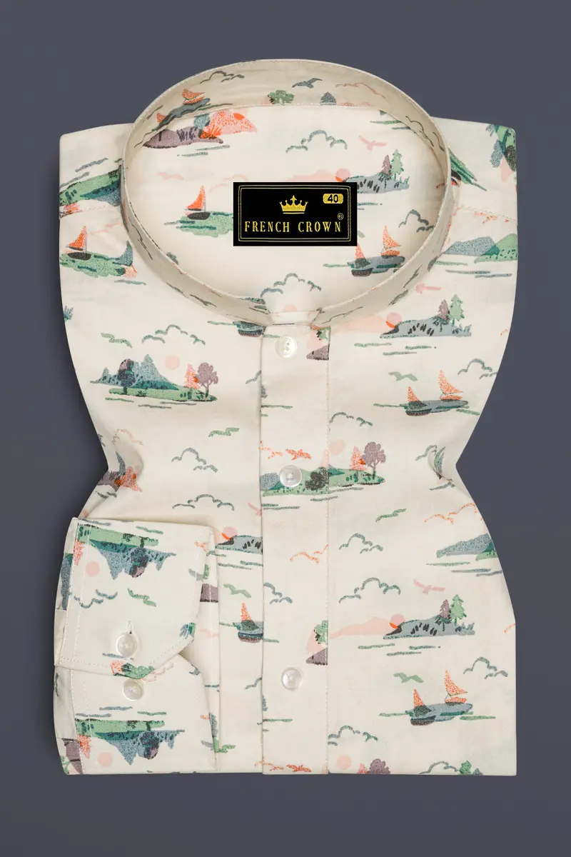 Merino Cream Printed Premium Cotton Designer Shirt 6