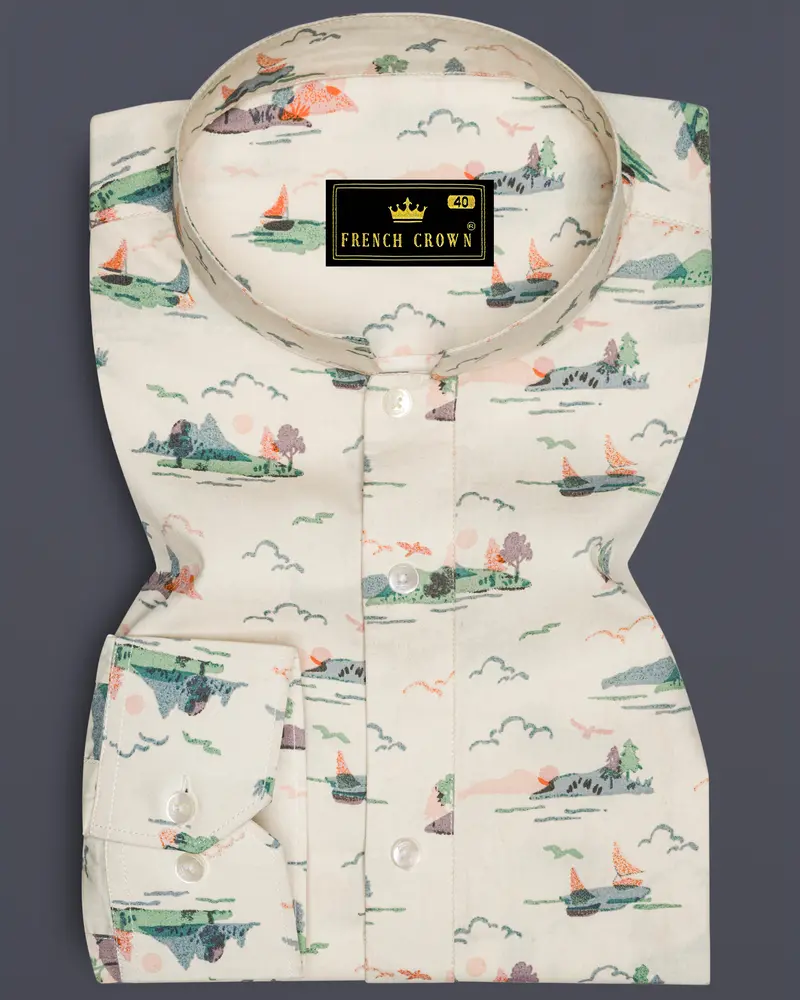 Merino Cream Printed Premium Cotton Designer Shirt 8