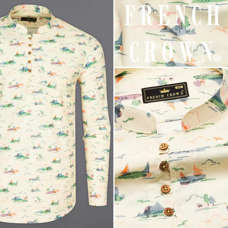 Merino Cream Printed Premium Cotton Kurta Shirt 10