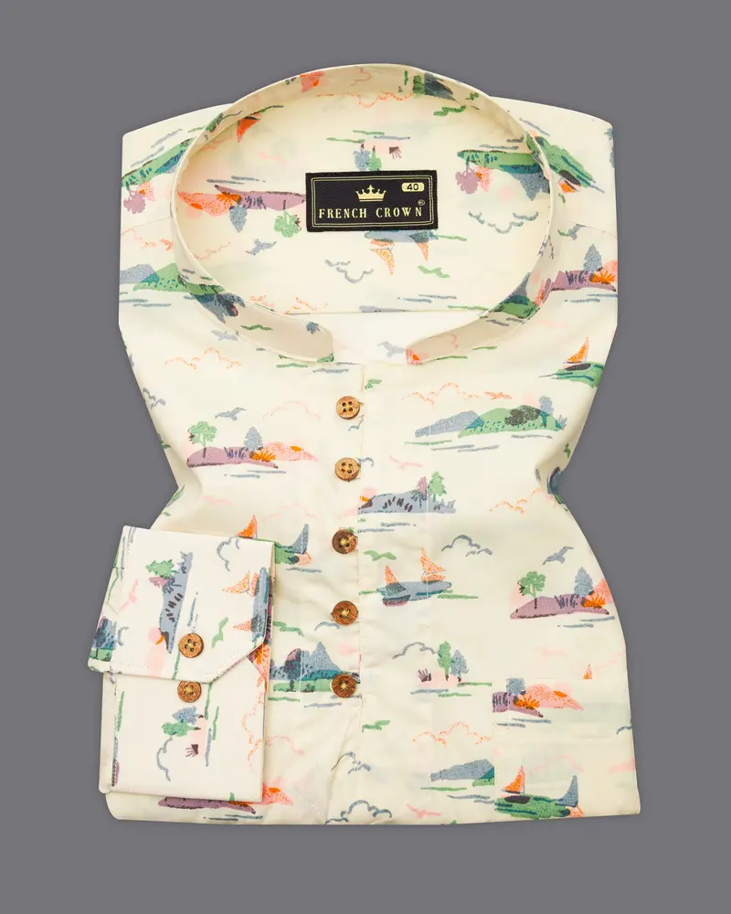 Merino Cream Printed Premium Cotton Kurta Shirt 2