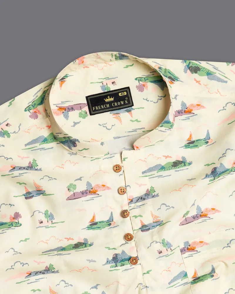 Merino Cream Printed Premium Cotton Kurta Shirt 5
