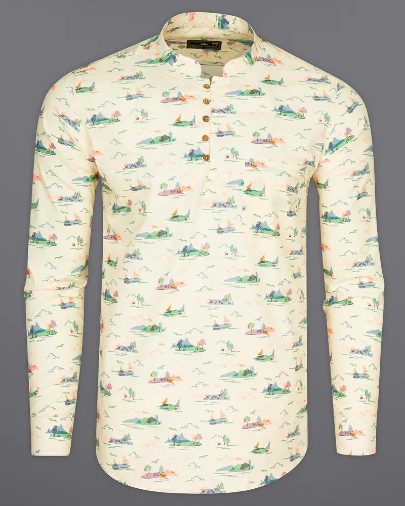 Merino Cream Printed Premium Cotton Kurta Shirt 6