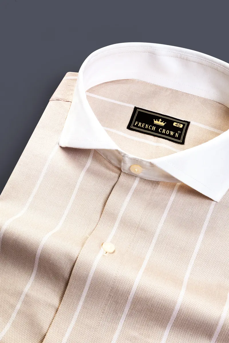 Merino Cream Striped Dobby Textured Premium Giza Cotton Shirt 1