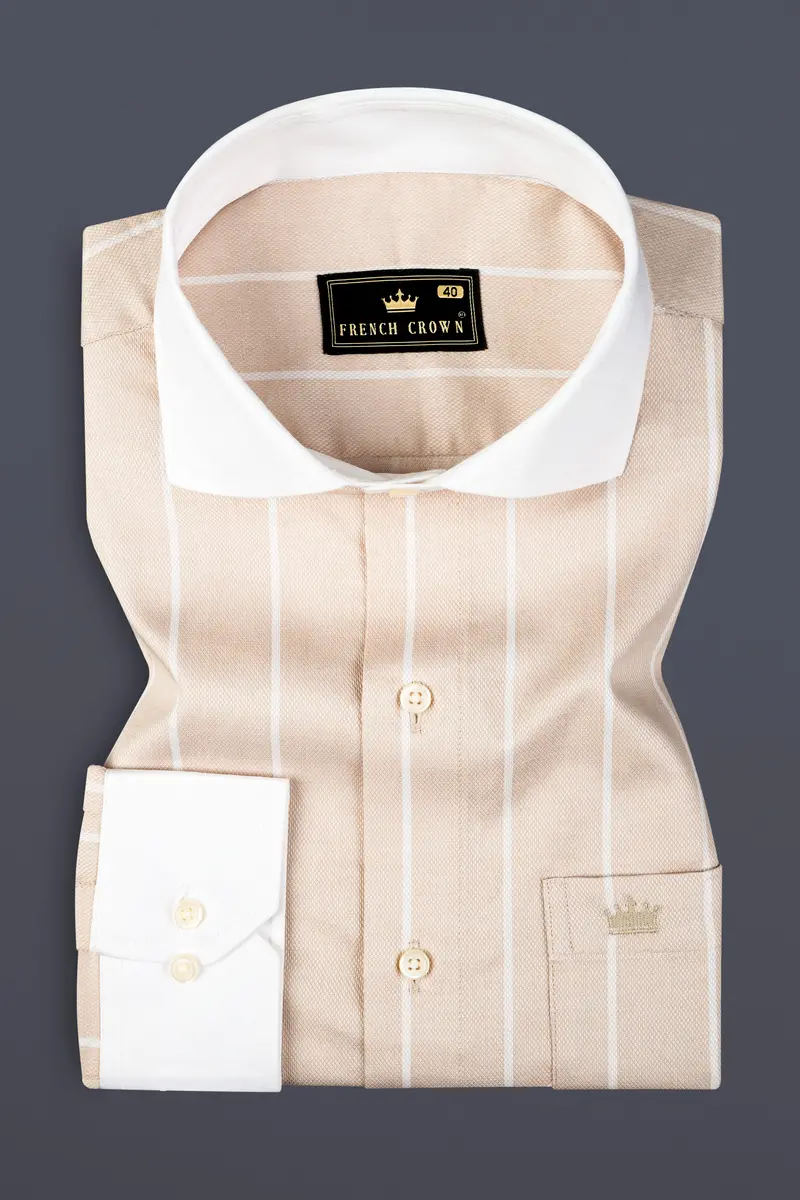 Merino Cream Striped Dobby Textured Premium Giza Cotton Shirt 3