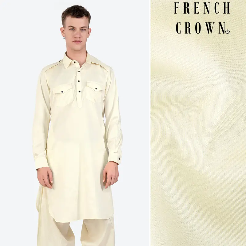 Merino Cream Subtle Sheen Super Soft Premium Cotton Pathani Kurta 1