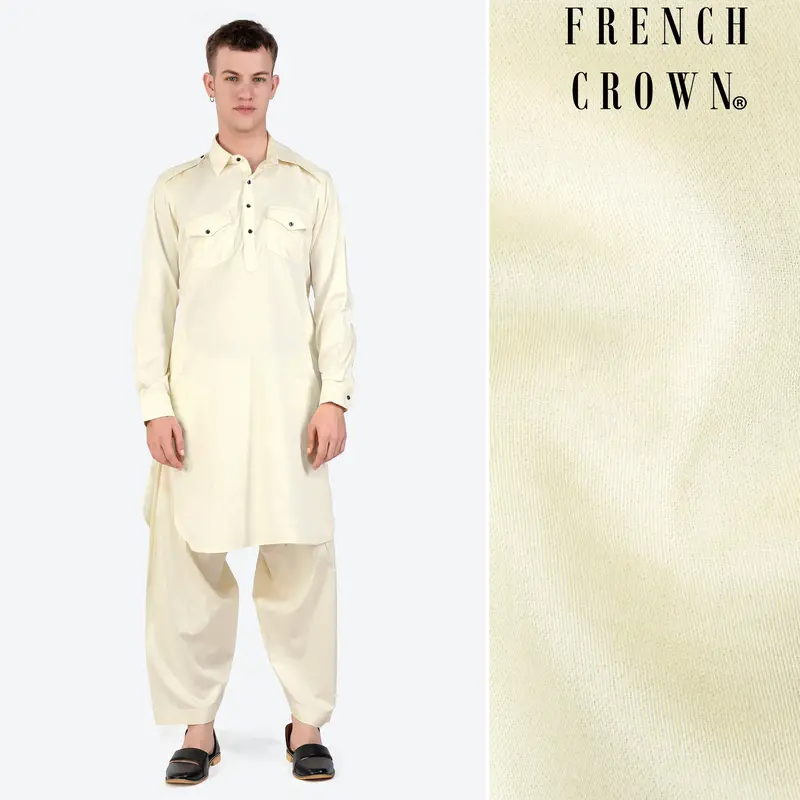 Merino Cream Subtle Sheen Super Soft Premium Cotton Pathani Set 1