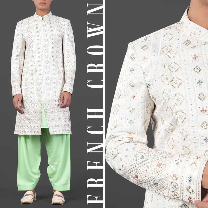 Merino Cream With Alpine Brown Multicolour Sequin Embroidered Indo-Western Sherwani 1