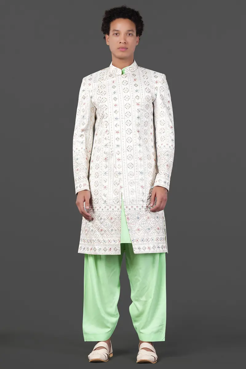 Merino Cream With Alpine Brown Multicolour Sequin Embroidered Indo-Western Sherwani 2