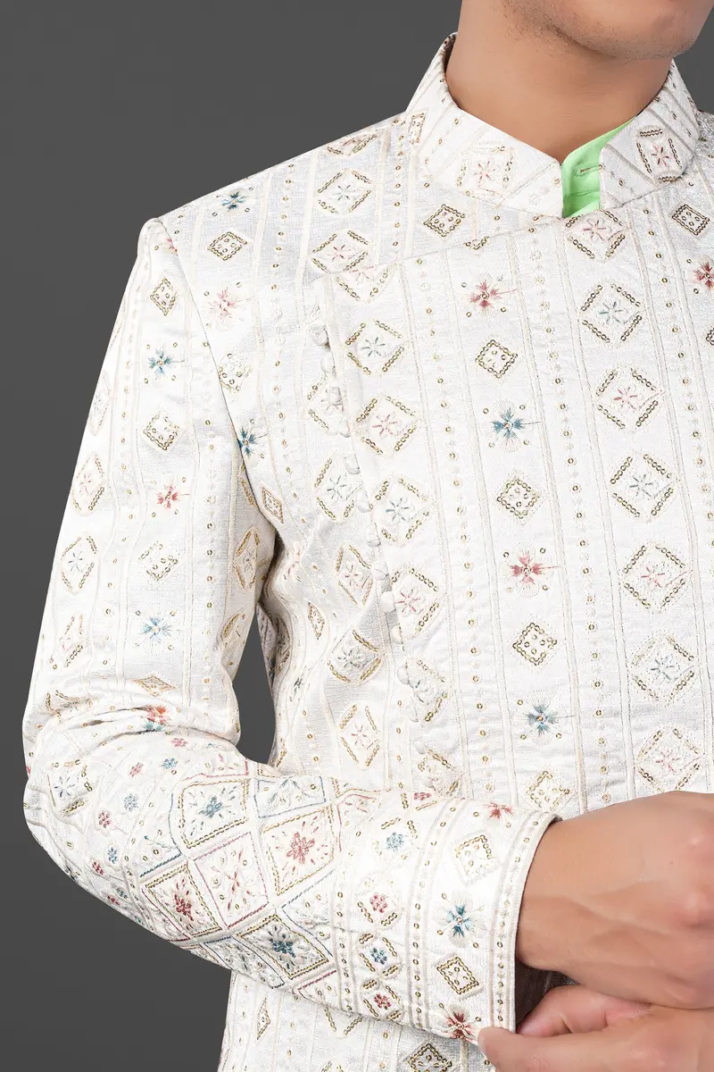 Merino Cream With Alpine Brown Multicolour Sequin Embroidered Indo-Western Sherwani 4