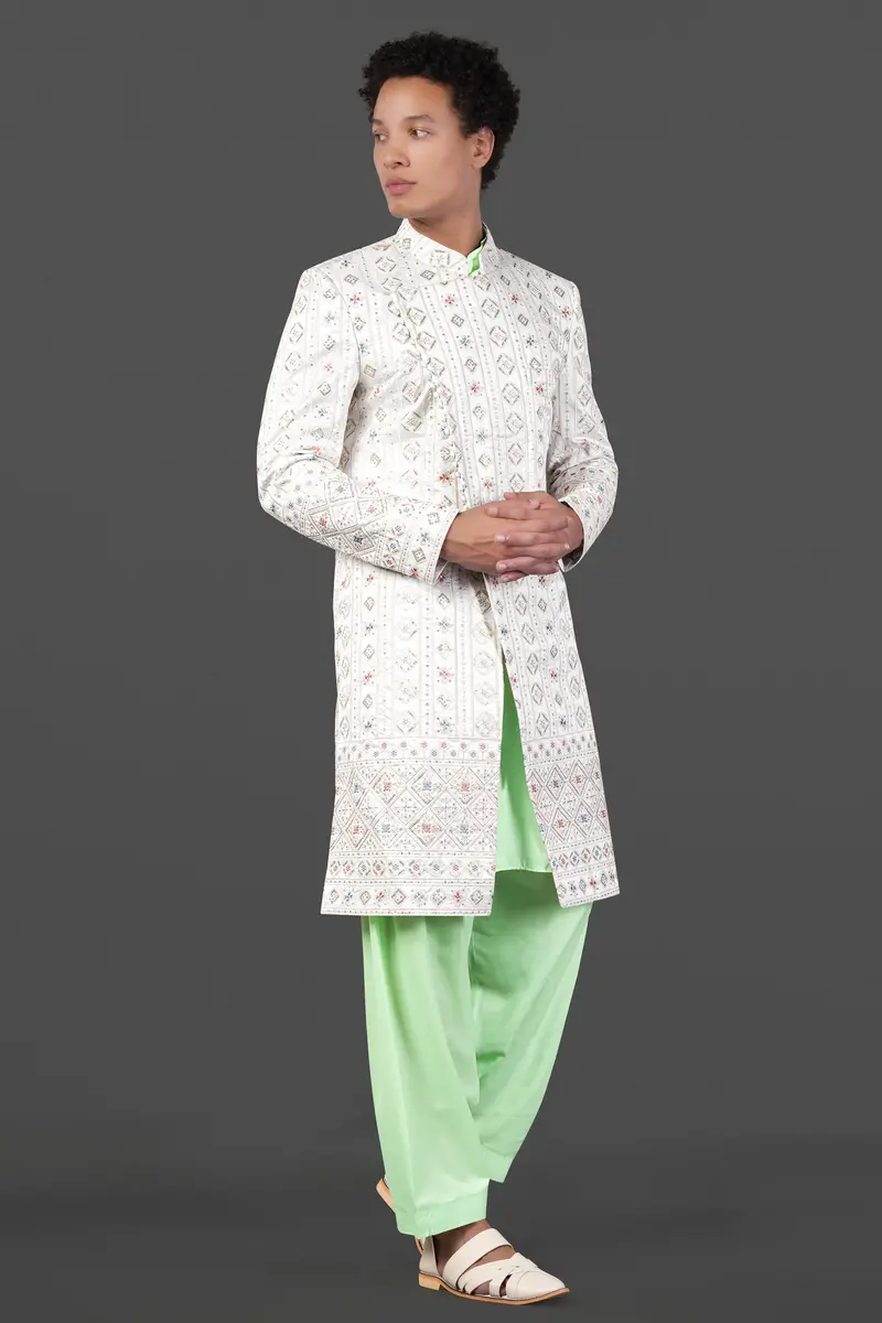 Merino Cream With Alpine Brown Multicolour Sequin Embroidered Indo-Western Sherwani 5