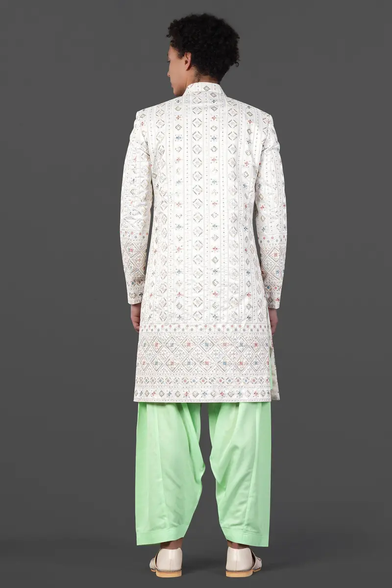 Merino Cream With Alpine Brown Multicolour Sequin Embroidered Indo-Western Sherwani 6