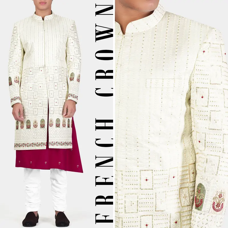 Merino Cream With Finch Green Multicolour Thread And Sequin Embroidered Indo-Western Sherwani 1